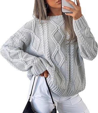 Generic Womens Oversized Cable Knit Sweaters Crewneck Long Sleeve Trendy Chunky Sweater Pullover Tops Warm Fall Winter Clothes Light Gray Small