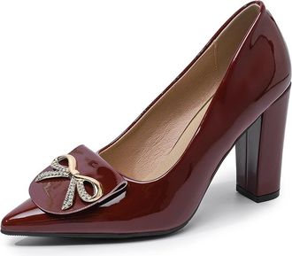 Generic Womens Rhinestones Bowknot Dress Shoes High Block Heels Closed Pointed Toe Wedding Office Party Pumps Slip On (Wine Red,7.5)