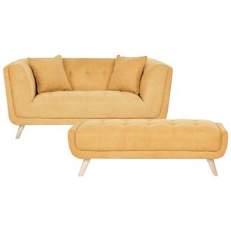 Beliani Sof&aacute; 2 Plazas De Tela Con Otomana Cojines Decorativos Patas De Madera Capiton&eacute; Estilo Retro Mostaza Habo