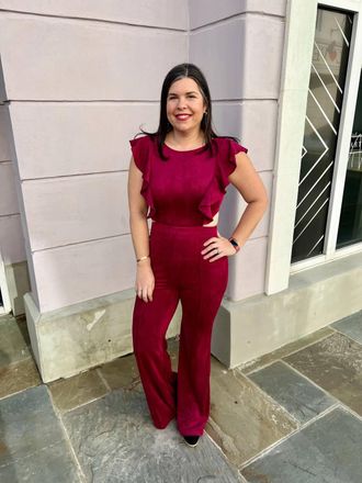 Flying Tomato Ruffle Trim Faux Suede Wide Leg Jumpsuit In Wine