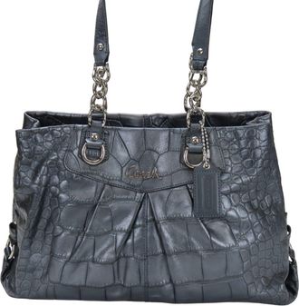 Coach Gray Metallic Navy Leather Tote Bag (Pre-Owned)