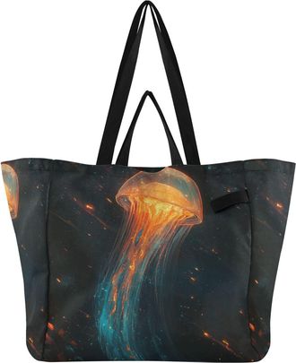 Generic Orange Jellyfish pattern Reusable Canvas Tote Bag, Heavy Duty Grocery Shopping Bag with Large Capacity Double Handles Hard Bottom Work Groceries Trave