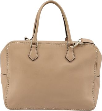 Valentino Garavani Convertible Zip Satchel Leather With Micro Rockstuds Beige Leather Handbag (Pre-Owned)