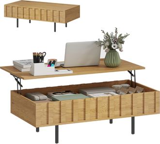 HOMCOM Mesa De Centro Elevable Mesa De Caf&eacute; Para Sal&oacute;n Con 2 Compartimentos Ocultos Patas De Metal 110x55x36,5 Cm Roble