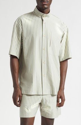 Homme Pliss&eacute; Issey Miyake Stripe Short Sleeve Stand Collar Cotton Button-Up Shirt in Green at Nordstrom, Size 2