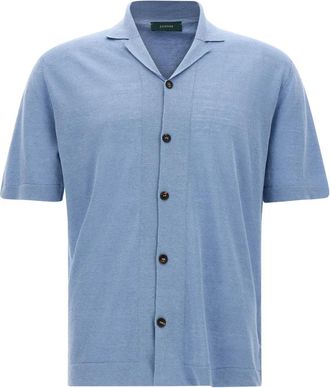 Zanone Linnenmix Gebreid Shirt met Korte Mouwen - Heren - Korte mouwen Overhemden - Blauw - 2XL - Linnen - Overhemden