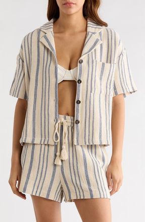 Elan Knit Short Sleeve Button-Up Cover-Up Shirt in Blue Stripe at Nordstrom, Size X-Small