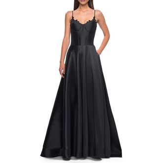 La Femme Mikado A-line Gown with Lace Detail Neckline in Black at Nordstrom, Size 0