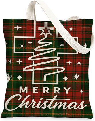 Generic Christmas Plaid Canvas Tote Bags, Holiday Pattern Reusable Shopping Bags, Vintage Lightweight Washable Shoulder Strap, Green, 13x15 Inch