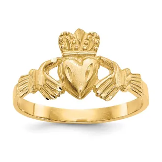 Diamond2Deal 14k Yellow Gold Satin and Diamond-cut Claddagh Ring
