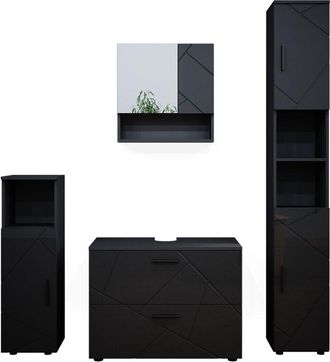 Vicco Conjunto De Muebles De Ba&ntilde;o Irma, Antracita Alto Brillo, 4 Piezas, Con Cajonera Y Armario Alto