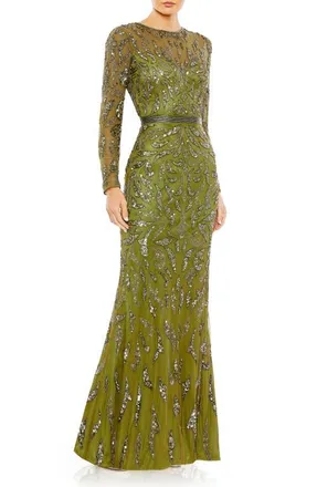 Mac Duggal Abstract Beaded Long Sleeve Evening Gown in Olive at Nordstrom, Size 16