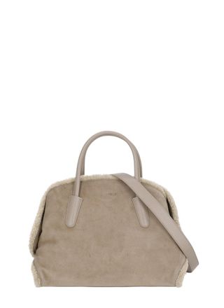 Coccinelle Suede Leather Shoulder Bag with Shearling Trim and Gold-tone Accents