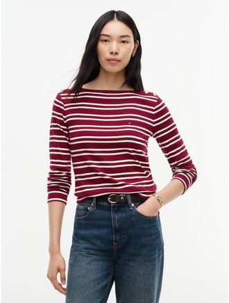 Tommy Hilfiger Womens Gold-Button Striped Boatneck T-Shirt - Burgundy Stripe - XXL