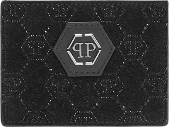 Philipp Plein Leather Cardholder Monogram Strass - Heren - Portefeuilles - Zwart - ONE Size - Leer - Accessoires