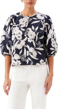 Karen Kane Floral Print Puff Sleeve Cotton Button-Up Shirt at Nordstrom, Size X-Small