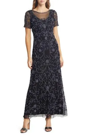 Pisarro Nights Floral Beaded Short Sleeve A-Line Gown in Black/Gunmetal at Nordstrom Rack, Size 2