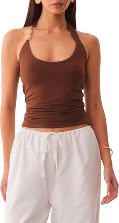 SNDYS Lexie Twist Beaded Halter Neck Tank in Mocha at Nordstrom, Size X-Large