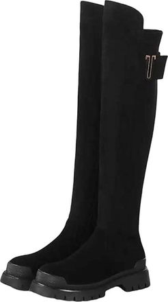 Generic Womens Cow Leather Flat Platform Stretch Thigh-High Boots Round Toe Zip Over-The-Knee Boots