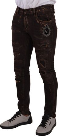 Dolce & Gabbana Mens Brown Distressed Slim Fit Skinny Denim Jeans Cotton Clothing