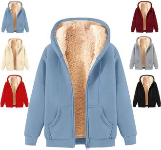 Generic Fleece Jacket Women Zip Up Hoodie Sherpa Lined Jackets, Winter Warm Fleece Jackets, Warm Coats Pockets (blue,S)