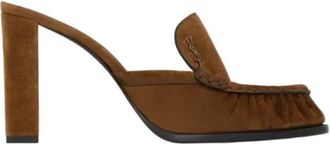 Saint Laurent Le Loafer Mules in Suede - female - Saint Laurent - Heeled Mules - Brown - 3 1/2 UK - Shoes