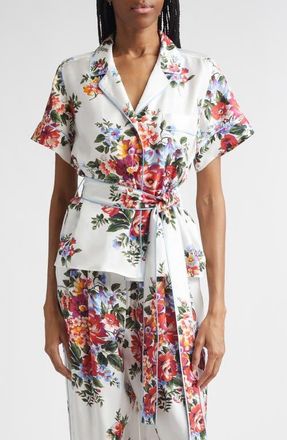 Dolce & Gabbana Floral Bouquet Print Belted Silk Twill Shirt in Mazz.fiori F.bianco at Nordstrom, Size 12 Us