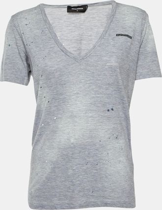 Dsquared2 Grey Distressed Cotton V-Neck T-Shirt