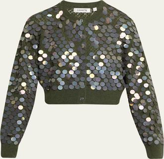 Zankov Sequined Cashmere Pointelle Knit Crop Cardigan