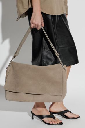 Ami Leather Shoulder Bag With Logo, Womens, Beige