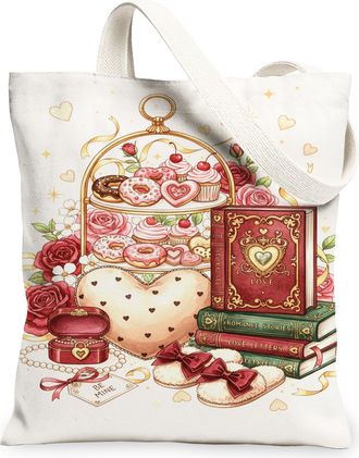 Generic ValentineS Hearts Canvas Tote Bags, Sweet Treats Floral Design Reusable Grocery Bags, Lightweight Washable Shoulder Strap, White, 13x15 Inch