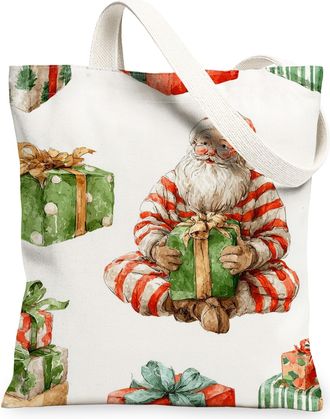 Generic Holiday Canvas Tote Bags, Festive Santa Claus Pattern Reusable Shopping Bags, Merry Seasonal Lightweight Washable Shoulder Strap Canvas for Gift Givin