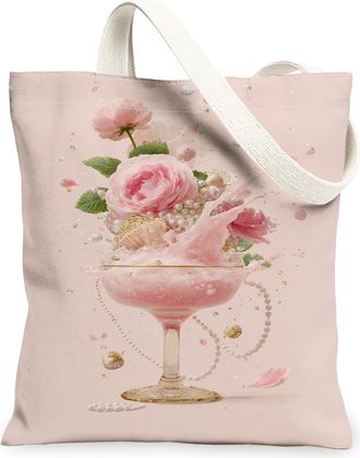Generic Floral Peach Canvas Tote Bags, Vintage Flower Design Reusable Shopping Bags, Elegant Lightweight Washable Shoulder Strap Ca, Peach, 13x15 Inch