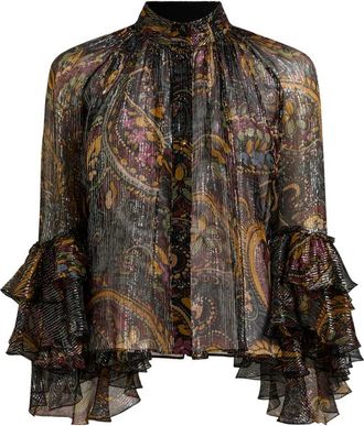 Etro Silk Shirt With Ruffle And Striped Floral Paisley Motif