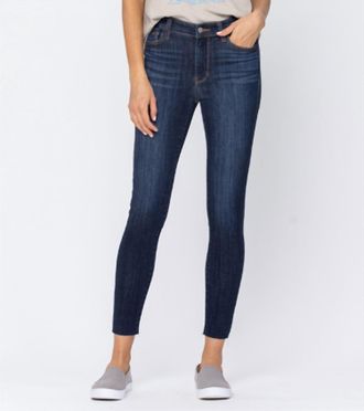 Judy Blue Mid Rise Raw Hem Skinny Jeans In Dark Wash
