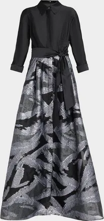 Teri Jon Taffeta & Metallic Organza Shirtwaist Gown