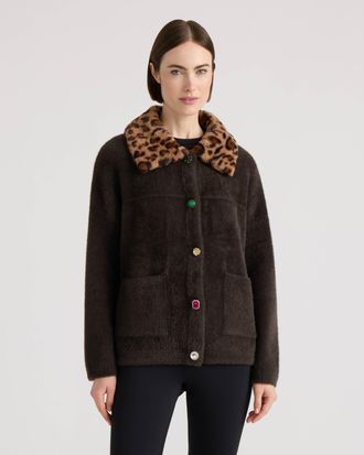NVLT Womens Eyelash Cropped Coatigan with Faux Fur Collar