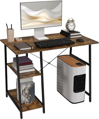 HOMCOM Computer Table Wor Desk with Shelves & Steel Frame - Rustic Brown | TJ Hughes