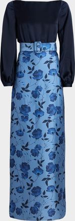 Sachin & Babi Astor Satin Belted Floral Gown