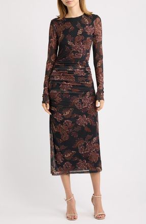 Lost + Wander Nocturnal Blooms Floral Mesh Midi Dress in Black Floral at Nordstrom, Size X-Small