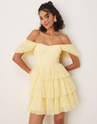 Lace & Beads Vestito corto stile corsetto con spalle scoperte in tulle color ranuncolo-Giallo