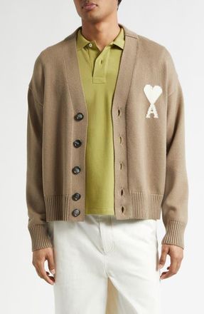 Ami Ami de Coeur Intarsia Wool & Cotton Cardigan in Beige Taupe/Ecru at Nordstrom, Size X-Large