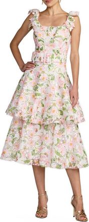 Mac Duggal Lace Tiered Ruffle Midi Dress With Belt in White Multi at Nordstrom, Size 12