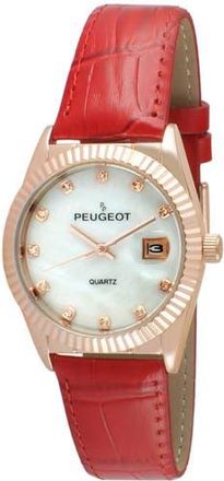 Peugeot Luxury Fluted Bezel Calendar Leather Watch - 36MM in Red at Nordstrom