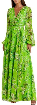 Mac Duggal Puff Sleeve Floral Chiffon Gown in Green Multi at Nordstrom, Size 20