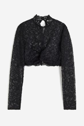 H&M Kurzshirt aus Spitze mit Twistdetail - Schwarz