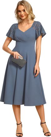 Ever-pretty Women Dress Midi Wedding Guest Dress Short Sleeve with Lace Design Elegant V Neckline and High Waist Dress Haze Blue 18UK