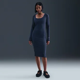 Nike Womens Nike Sportswear Chill Knit Tight Long-Sleeve Midi Mini-Rib Dress in Blue | HV2799-410