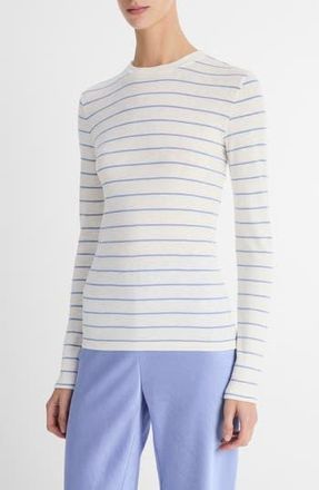 Vince Stripe Long Sleeve Cotton & Modal Crewneck Top in Pacific Opal Combo at Nordstrom Rack, Size Xx-Small