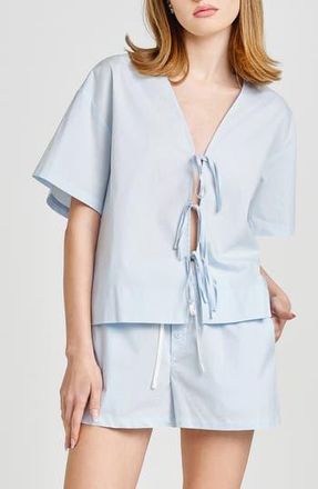 Wayf Tabitha Tie Front Woven Shirt in Blue at Nordstrom Rack, Size X-Small